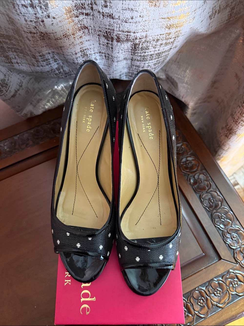 kate spade Black Peep-Toe Heels with White Dot Accents